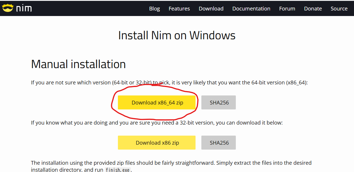Nim公式Windows向け配布ページ